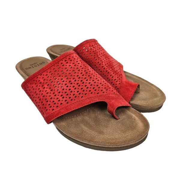 Earth Origins Pico Pearl Spicy Red Perforated Suede Toe Loop Low Wedge Sandal - Picture 1 of 13